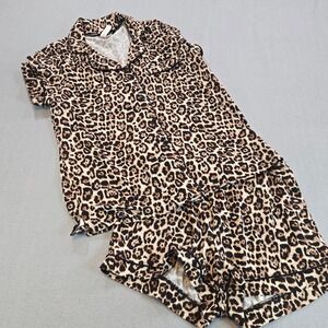 Joyspun Womens Leopard Print Pajama Set Short Sleeve Button Down Shorts XS 0-2